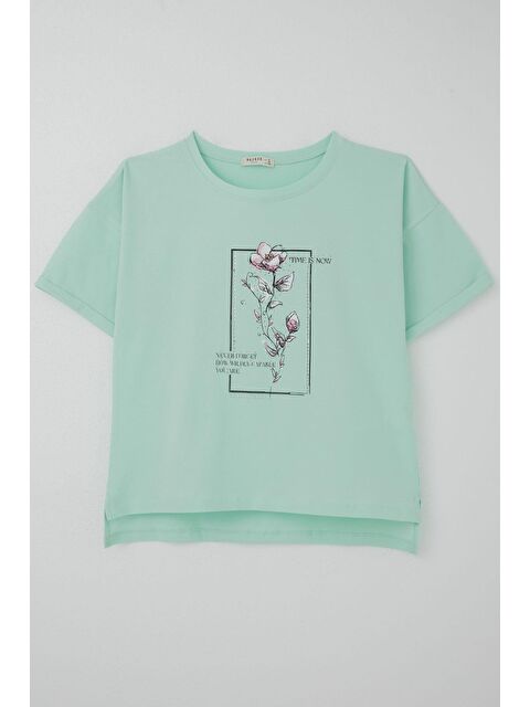 Breeze Kız Çocuk Tişört Taş Aksesuarlı Çiçek Baskılı Su Yeşili (9-16 Yaş) - S000505643-20054