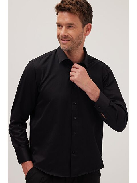 TUDORS Erkek Regular Fit Klasik Kesim Pamuklu Düz Siyah Gömlek - S000520057-19351