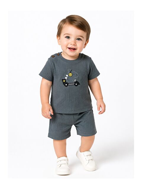 Kidex's Erkek Bebek Dino Baskılı Fitilli 2li Şortlu Takım Yazlık Tişört Şort