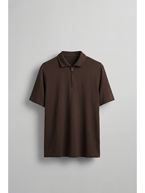 Abluka Online Erkek Slim Fit Yarım Fermuarlı Basic Polo Yaka T-Shirt Kahverengi - S000515194-19413