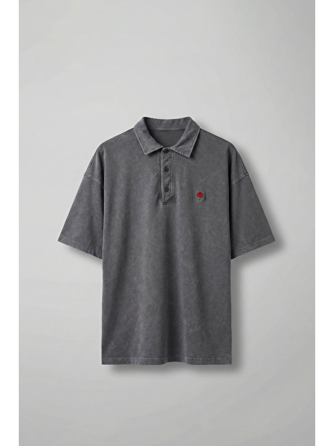 Abluka Online Erkek Oversize Yıkamalı Gül Nakışlı Polo Yaka T-Shirt Füme - S000512665-33408