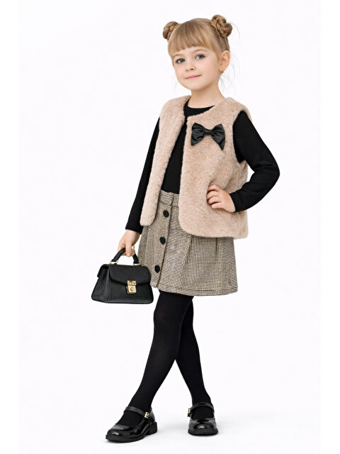 Ahengim Kız Çocuk Premium Tasarım Kürk Yelek & Ekose Etek Badili Takım Ak271-272 - S000490554-19928