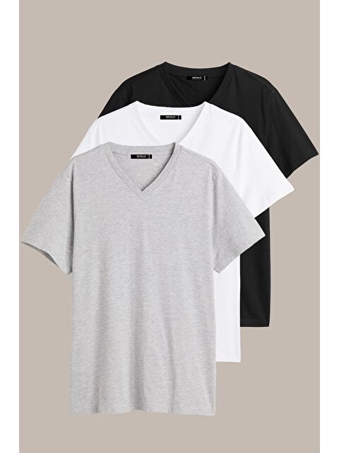 Mmetalic Erkek Çok Renkli %100 Pamuk TişörtRegular Fit Rahat Kesim V Yaka 3'lü Basic %100 Pamuk Tişört Paketi - S000236699-3455