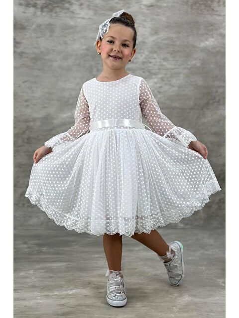Riccotarz Kız Çocuk Üzeri Puantiye Detaylı Kolları Şeffaf Tüllü Prenses Beyaz Elbise - S000490590-20063