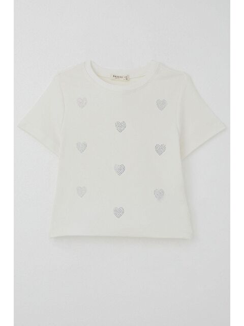 Breeze Kız Çocuk Tişört Taşlı Kalp Desenli Ekru (9-14 Yaş) - S000505646-19965
