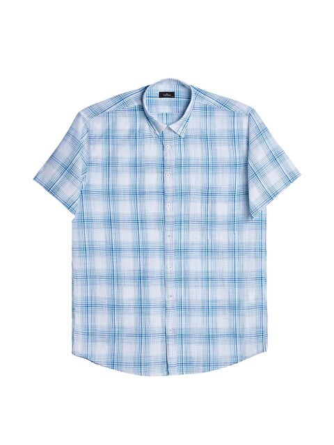 TUDORS Erkek Regular Fit Klasik Kesim %100 Pamuk Keten Doku Cepli Kareli Kısa Kollu Düğmeli Yaka Gömlek - S000520059-23173