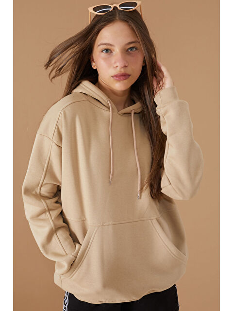 Cansın Mini Kız Çocuk Bej Basic Uzun Kol Şardonlu Kapüşonlu Sweatshirt 19192 - S000273283-19928