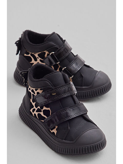 TONNY BLACK Çocuk Unisex Siyah Leopar Esnek Termo Taban Çift Cırtlı Şerit Desenli Spor Kısa Bot - S000493936-37433