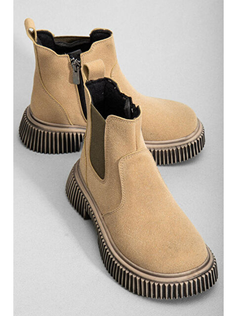 TONNY BLACK Çocuk Unisex Krem Süet Kalın Tırtıklı Termo Taban Fermuarlı Lastikli Chelsea Bot - S000493931-19966