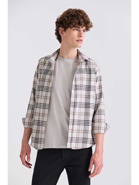 JAKAMEN Bej Slim Fit Üstten Düğmeli Ekoseli Gömlek - S000495814-19928