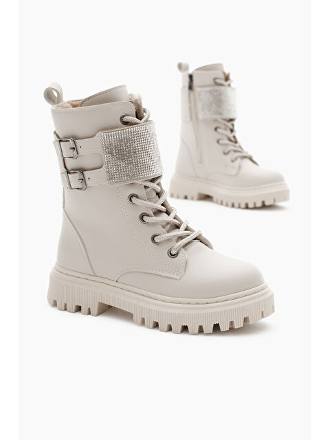 TONNY BLACK Kız Çocuk Bej Cilt Termo Taban Taş Detaylı Çift Tokalı Bağcıklı ve Fermuarlı Cırtlı Bot - S000288265-19927