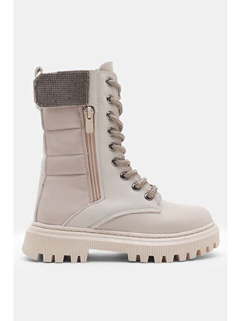 TONNY BLACK Kız Çocuk Bej Cilt Termo Taban Taş Detaylı Fermuarlı ve Bağcıklı Cırtlı Bot - S000320419-19927