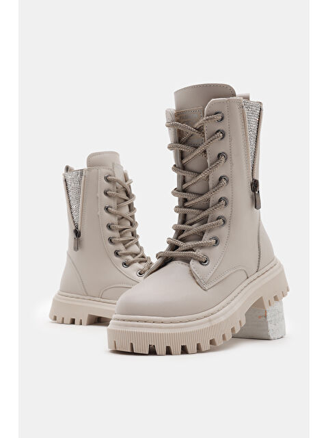 TONNY BLACK Kız Çocuk Bej Cilt Termo Taban Yanı Fermuarlı Taş Detaylı Bağcıklı ve Fermuarlı Bot - S000317756-19927