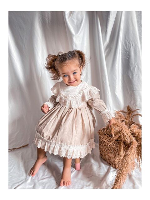 Magu Kız Çocuk Bej Fistolu Vintage Elbise - S000505647-23173