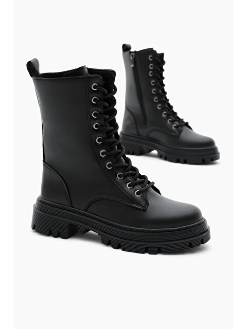 TONNY BLACK Kadın Siyah Cilt Termo Taban Yanı Çift Tokalı Bağcıklı ve Fermuarlı Bot - S000288270-14430