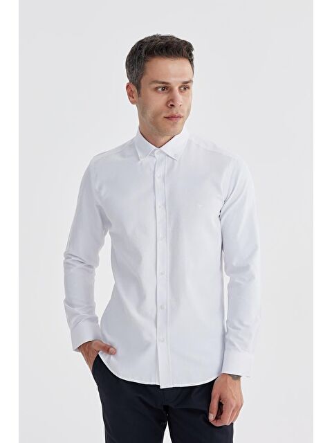 JAKAMEN Beyaz Slim Fit Üstten Düğmeli Yaka Desenli Pamuklu Gömlek - S000495818-20063