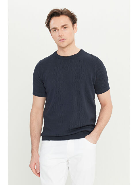 Altınyıldız Classics Erkek Lacivert %100 Pamuk Standart Fit Normal Kesim Bisiklet Yaka Triko Tişört - S000442678-21164