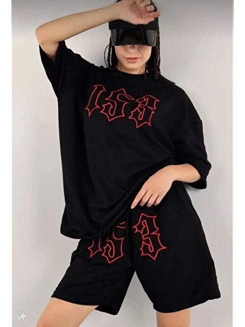 Jane's Unisex Nakış İşlemeli Şort Takım - Siyah