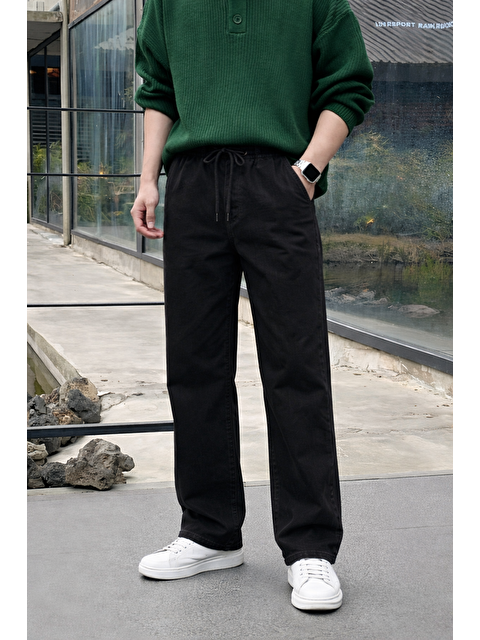 Comstar Erkek Beli Lastikli Jogger Siyah Bol Paça Baggy Pantolon