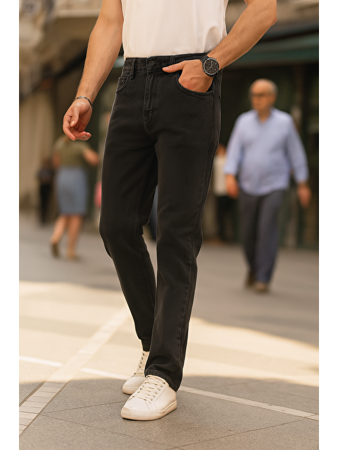 Comstar Erkek Pamuklu Yüksek Bel Bol Siyah Baggy Jean Pantolon