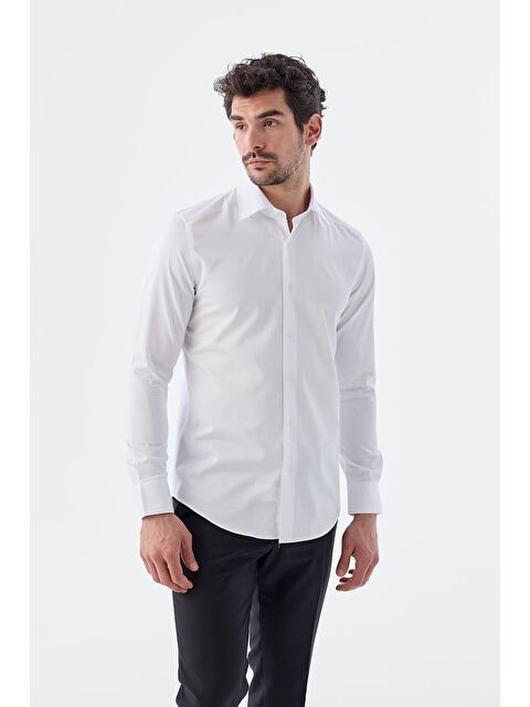 JAKAMEN Beyaz Slim Fit İtalyan Yaka Uzun Kol Klasik Kravatlık %100 Pamuk Saten Gömlek - S000495821-20063