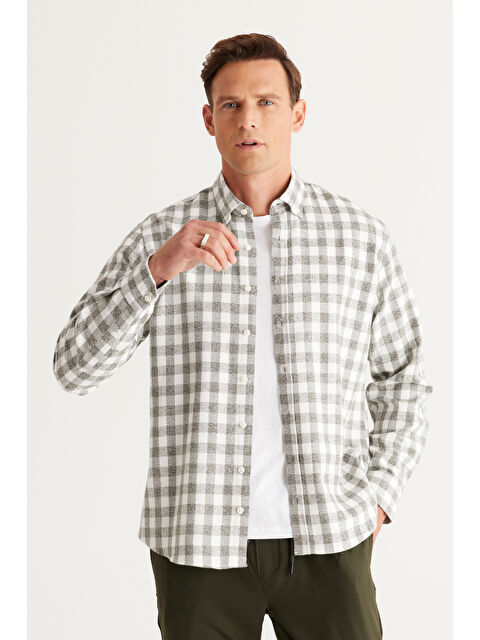 Altınyıldız Classics Erkek Ekru-Haki Comfort Fit Rahat Kesim Düğmeli Yaka Flanel Oduncu Gömlek - S000403450-19965