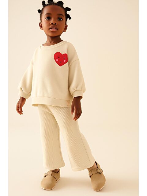 Monila Kız Çocuk Kalp Baskılı 3 İplik Pamuklu Kumaş Alt Üst Takım - S000516133-25636