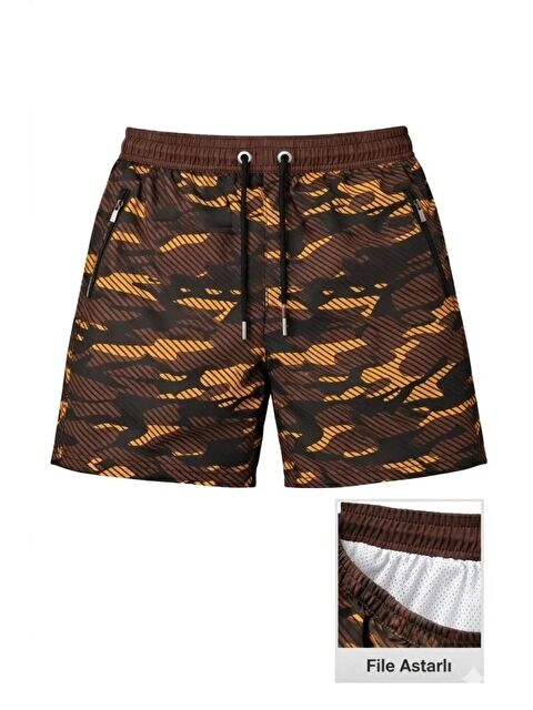 Jane's Erkek Deniz Şortu Fermuarlı Cepli File Astarlı Hızlı Kuruyan Premium - Kahverengi