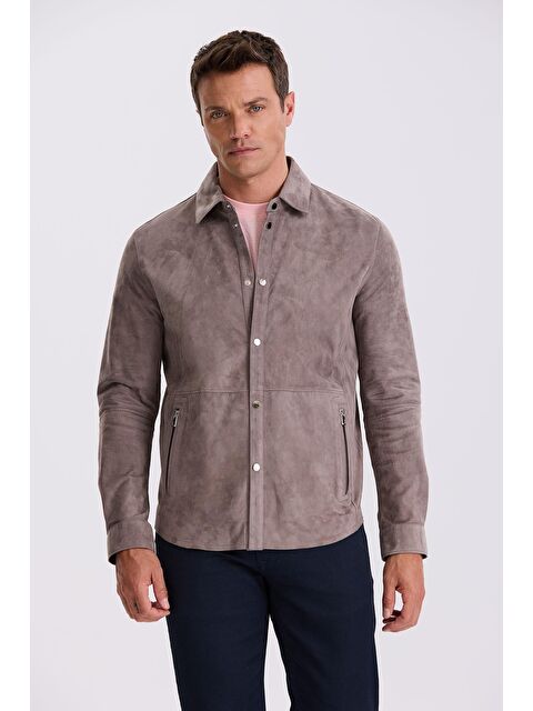 JAKAMEN Koyu Gri Comfort Fit Gömlek Yaka Çıtçıtlı %100 Deri Süet Mont - S000496566-29351