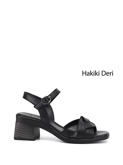 GÖNDERİ(R) Kadın SİYAH Örgü Bantlı Kalın Topuklu Hakiki Deri Sandalet