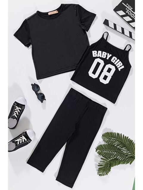 For You Kids 3'lü Baby Girl Baskılı Tshirt Atlet Tayt Siyah Takım - S000202859-19351
