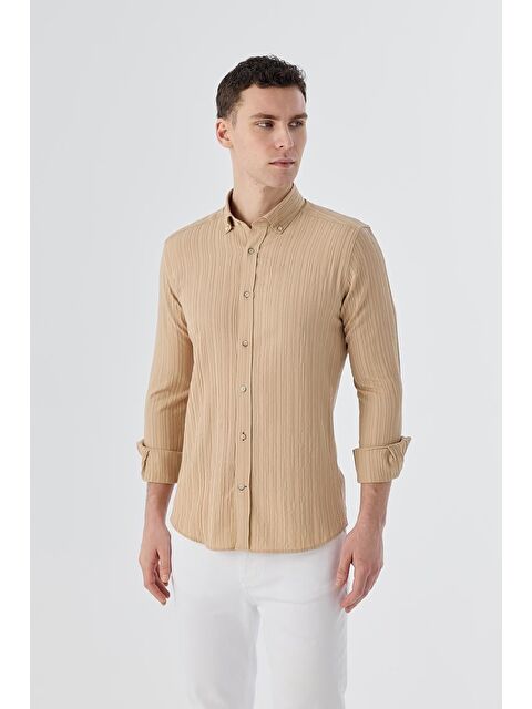 JAKAMEN Bej Slim Fit Düğmeli Yaka Keten Karışımlı Desenli Gömlek - S000495823-19928