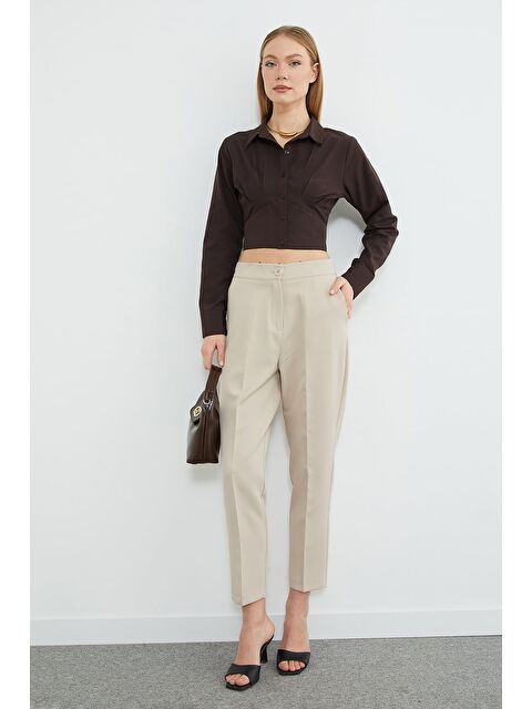 Fullamoda Beli Lastikli Düğmeli Kumaş Pantolon