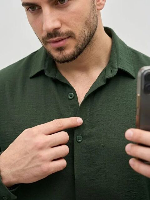 Jane's Erkek Aerobin Kumaş Oversize 4 Mevsim Uzun Kollu Rahat Kalıp Gömlek - Haki