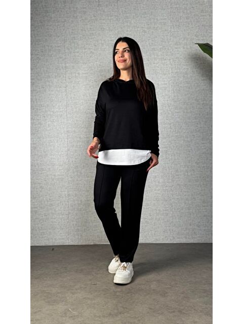 Jane's Kadın Uzun Kollu Kapüşonlu Bağcıklı Viskon Iki Iplik Bluz Ve Pantolon Ikili Takım