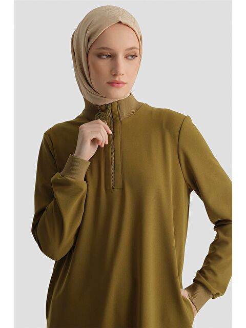 ARMİNE Fermuar Detaylı Basic Tunik Yağ Yeşili