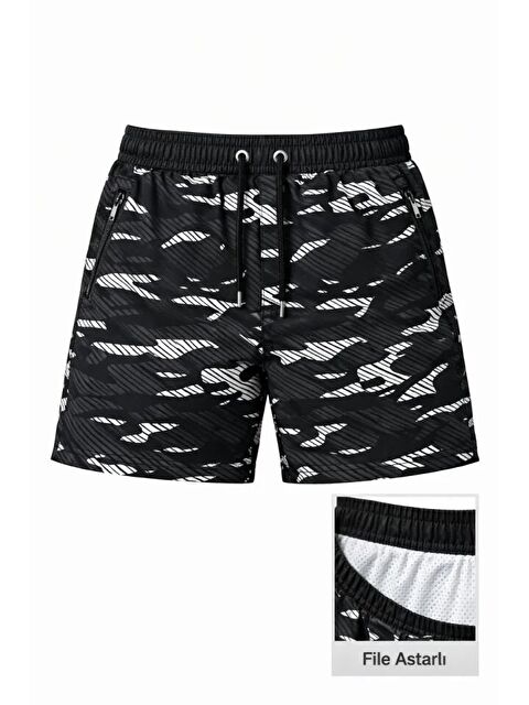 Jane's Erkek Deniz Şortu Fermuarlı Cepli File Astarlı Hızlı Kuruyan Premium - Siyah