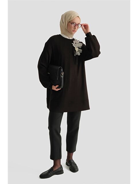 ARMİNE Çiçekli Modal Örme Tunik Siyah