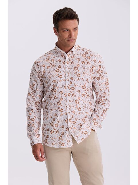 JAKAMEN Kahve Çiçek Desenli Yaka Düğmeli Comfort Fit Gömlek - S000495831-19413