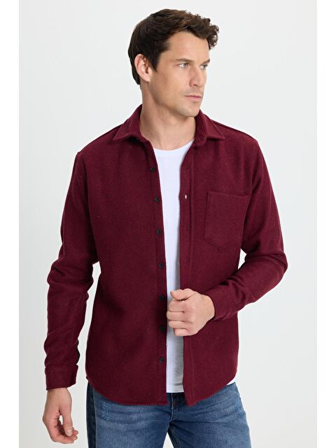TUDORS Erkek Regular Fit Klasik Kesim Düz Cepli Koyu Bordo Oduncu Gömlek - S000520075-19951