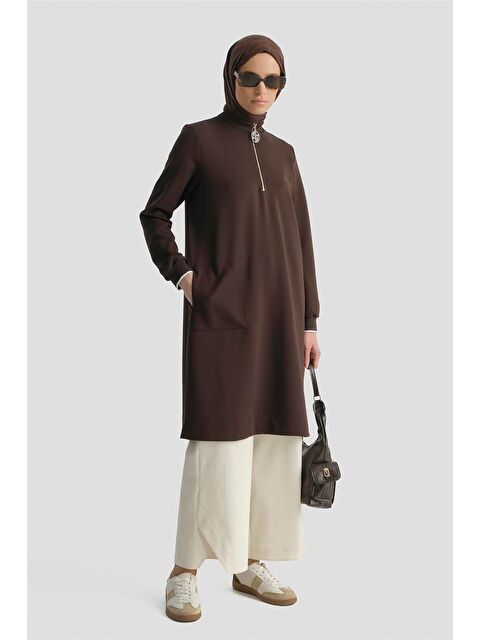 ARMİNE Fermuar Detaylı Tunik Kahve