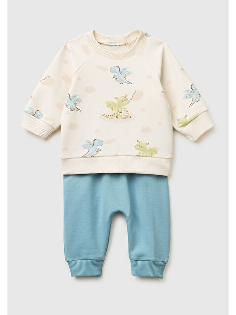 United Colors Of Benetton Bebek Mavi Mix Düğmeli Baskılı Sweatshirt Takım