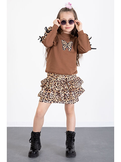 Cansın Mini Kahve Kelebek Desenli Badili Leopar Etekli Kız Çocuk Alt Üst Takım 20522 - S000359797-19413