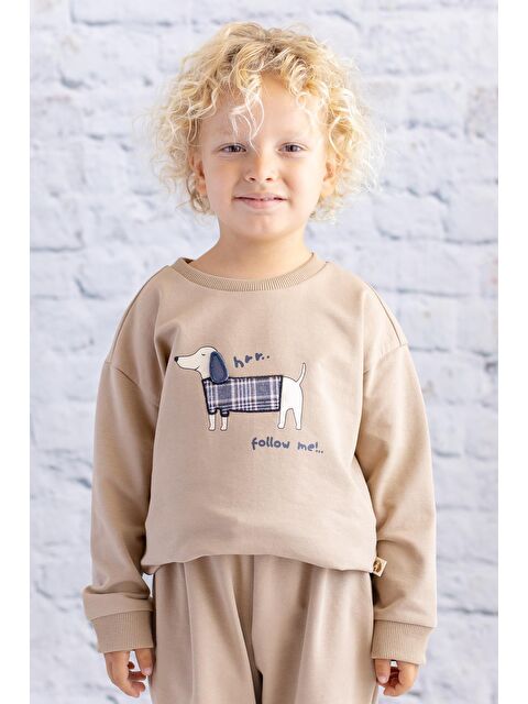 MİNİNİO Erkek Bebek Baskı Nakış Detaylı Sweatshirt - Bej - S000363638-19928