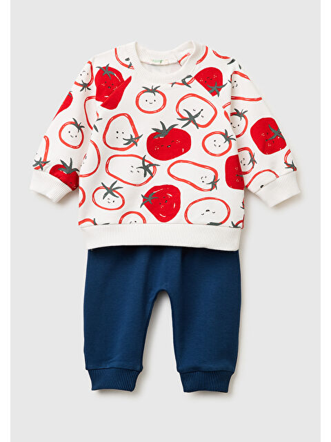 United Colors Of Benetton Bebek Ekru-Lacivert Düğmeli Baskılı Sweatshirt Takım