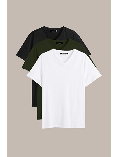 Mmetalic Erkek Çok Renkli %100 Pamuk TişörtRegular Fit Rahat Kesim V Yaka 3'lü Basic %100 Pamuk Tişört Paketi - S000236699-18547