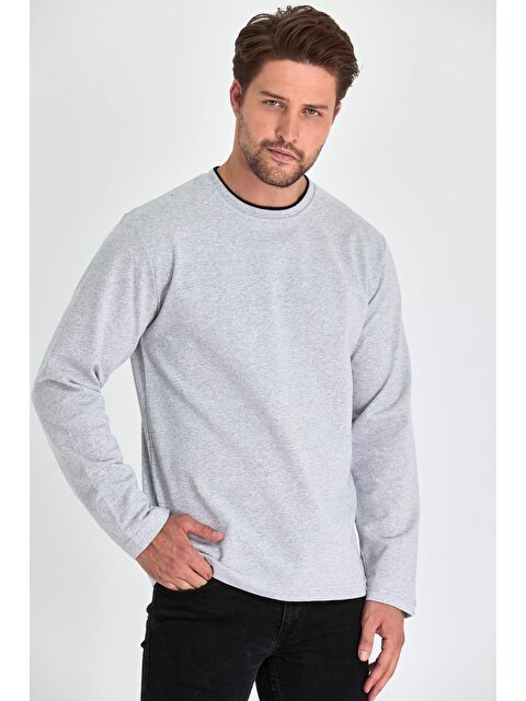 Mmetalic Erkek Gri Çift Bisiklet Yaka Standart Rahat Kesim Büyük Beden Sweatshirt - S000286926-20600