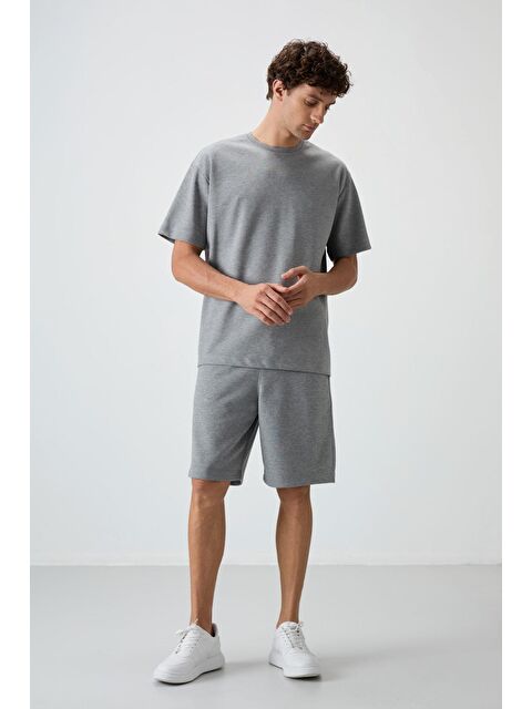 Air Jones Gri Melanj Pamuklu Kalın Yumuşak Dokulu  Fit Basic Şortlu Takım - 85249 - S000162148-74