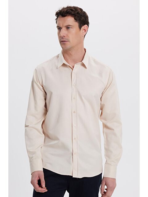 TUDORS Modern Slim Fit Uzun Kollu Pamuklu Kolay Ütü Armürlü Bej Erkek Gömlek - S000520082-19928