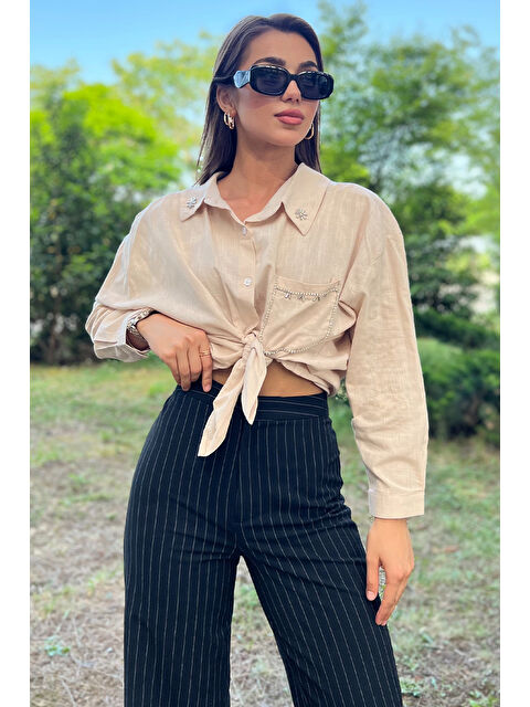 Gülseli Tek Cepli Taş İşlemeli Kadın Gömlek - S000299653-19928